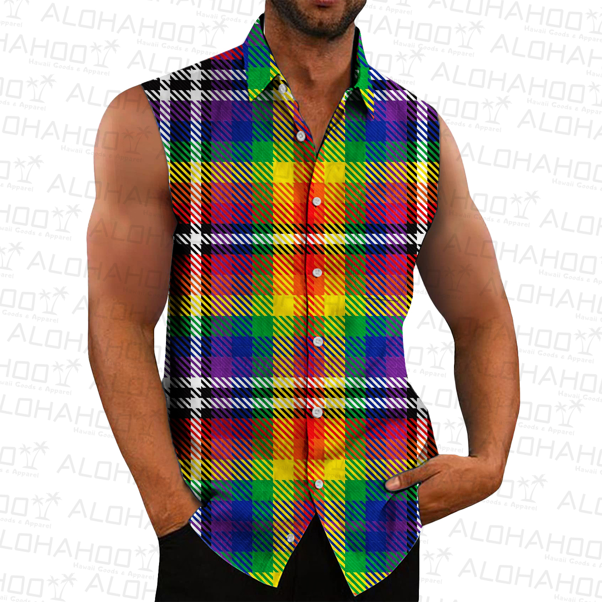 Men's Hawaiian Shirts Multicolor Plaid Print Sleeveless Shirts