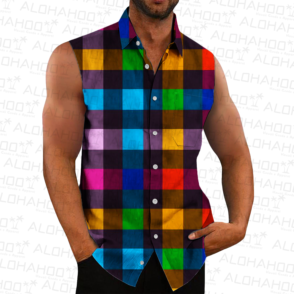 Men's Hawaiian Shirts Colorful Plaid Print Sleeveless Shirts
