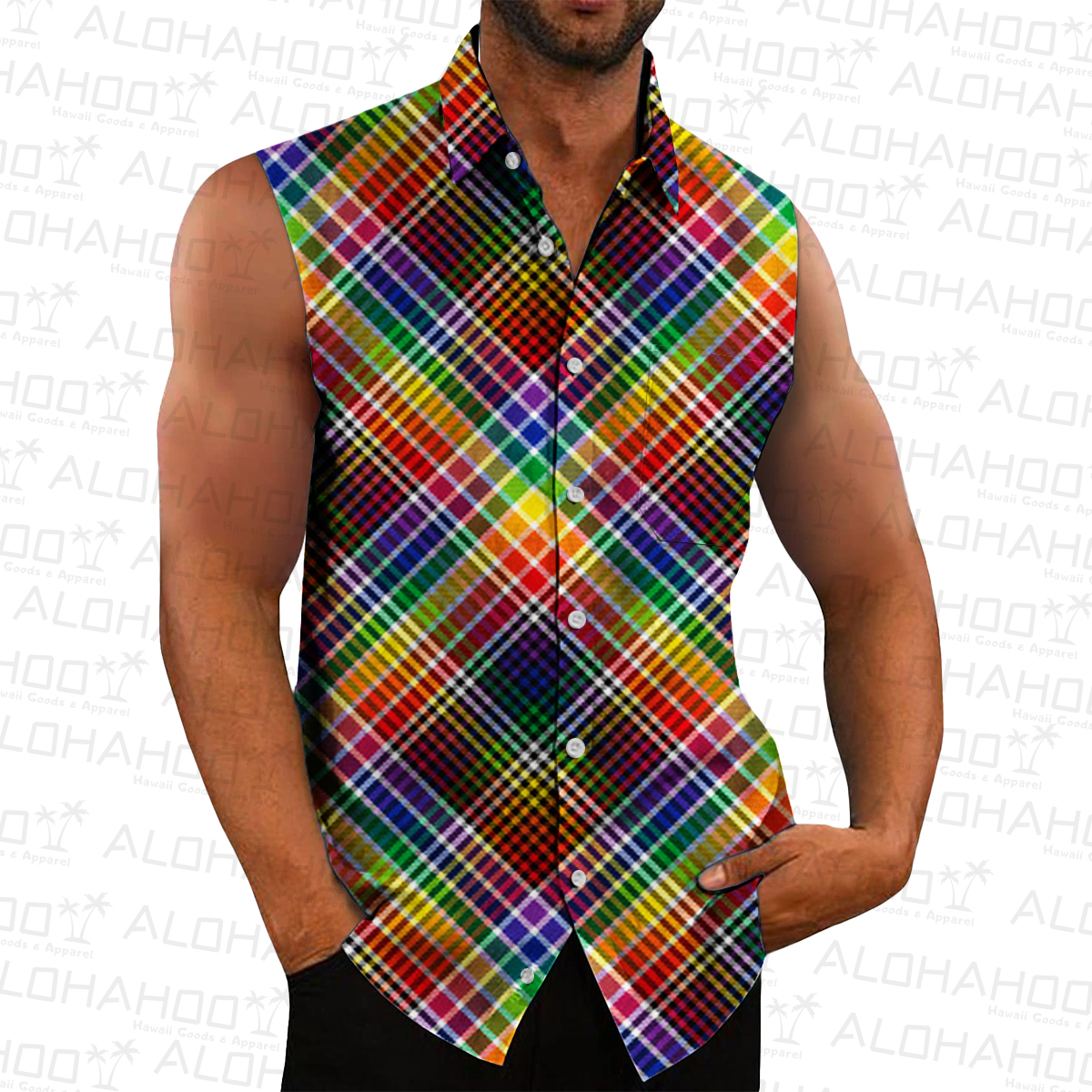 Men's Hawaiian Shirts Rainbow Plaid Print Sleeveless Shirts