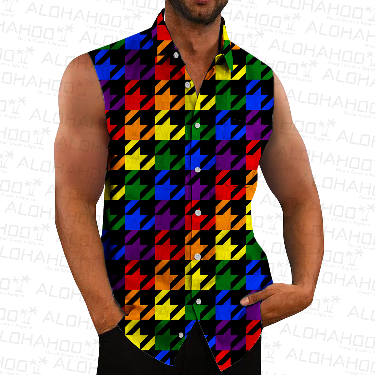 Men's Hawaiian Shirts Rainbow Plaid Print Sleeveless Shirts
