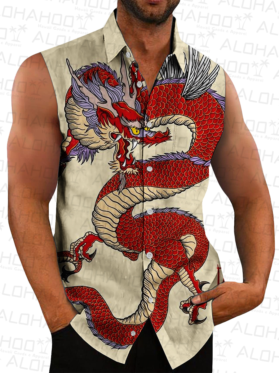 Men's Hawaiian Shirts Japanese Style Dragon Print Sleeveless Shirts