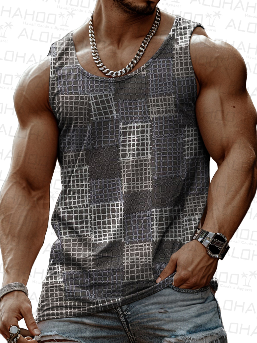 Men's Casual Plaid Tank Top T-Shirt