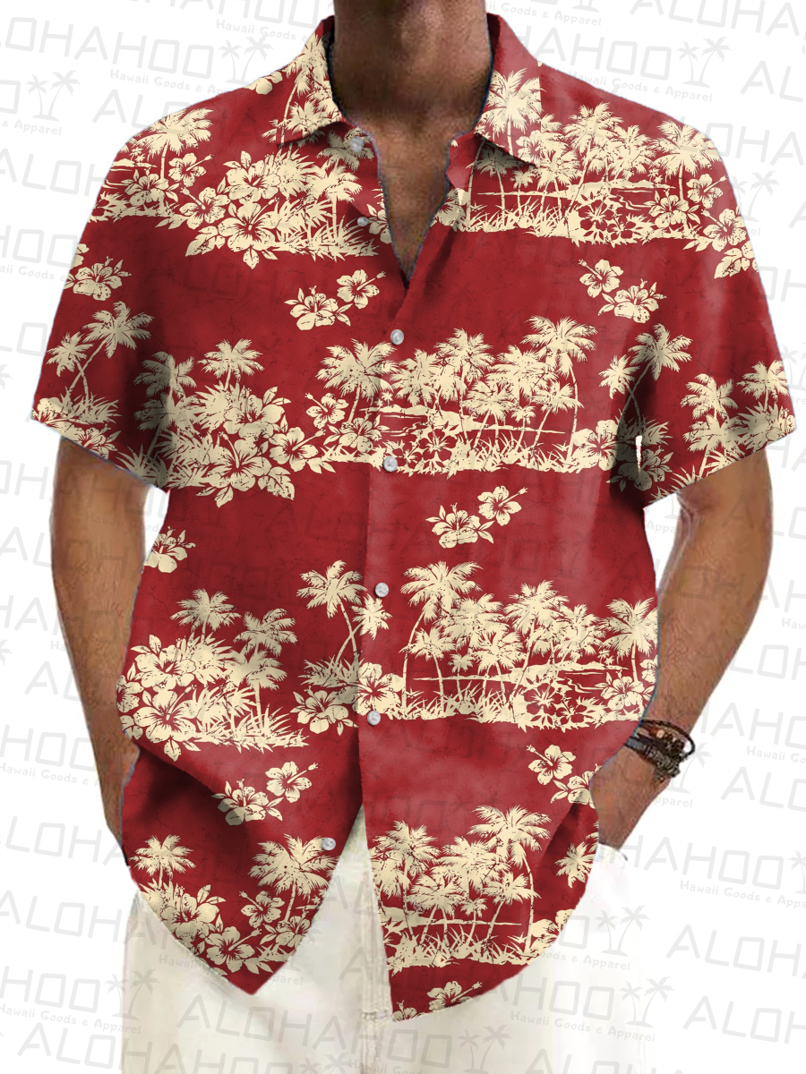 Tropical Hibiscus Pattern Short-Sleeved Hawaiian Shirt