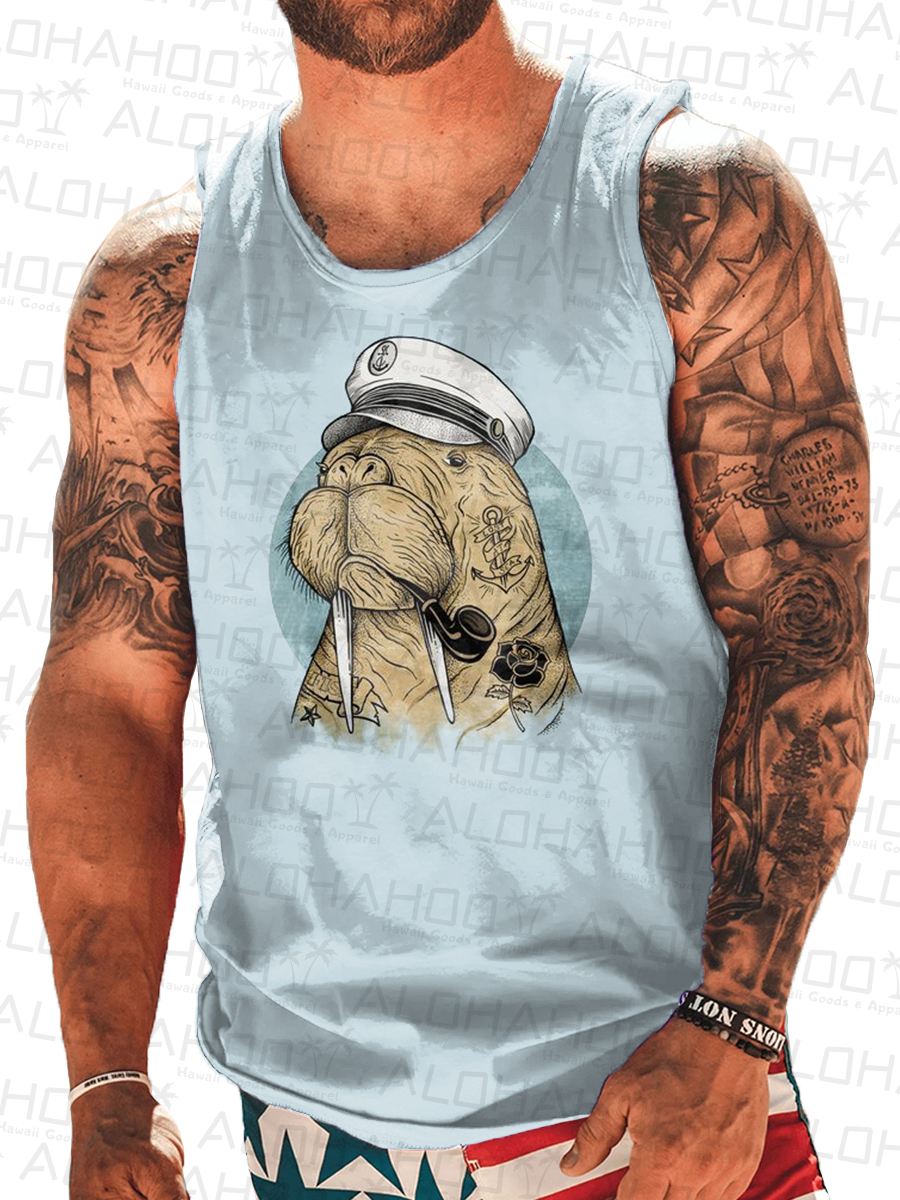 Men's Tank Top Nautical Walrus Art Print Crew Neck Tank T-Shirt