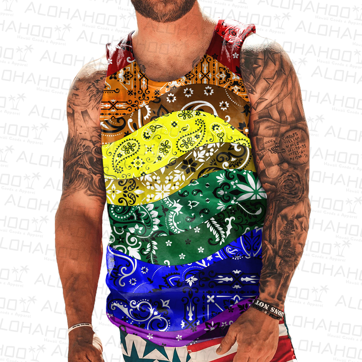 Men's Tank Top Retro Rainbow Paisley Print Crew Neck Tank T-Shirt
