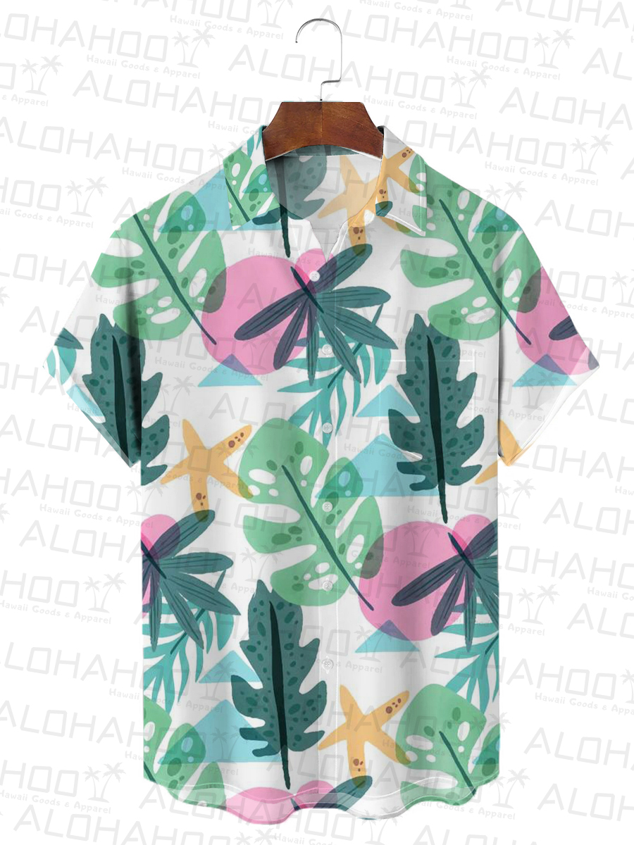 Hawaiian Tropical Leaves Print Short Sleeve Shirt