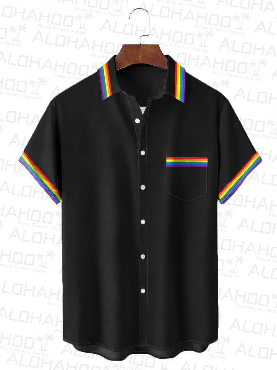 Men's Hawaiian Shirt Rainbow Stripes Print Beach Easy Care Short Sleeve Shirt