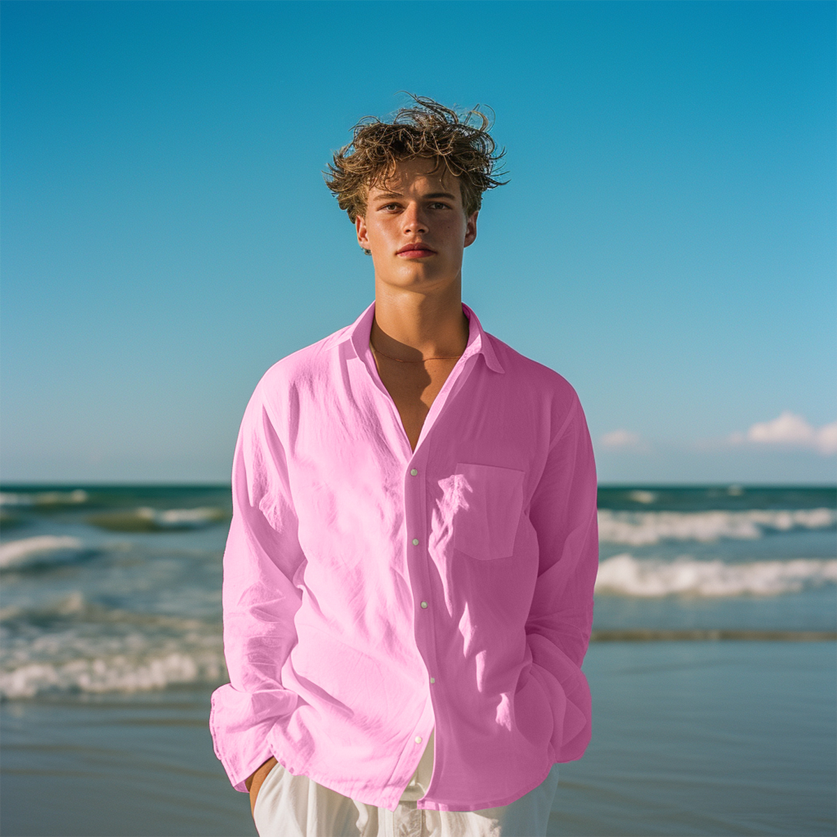 Basic Solid Color Long Sleeve Pocket Hawaiian Shirt