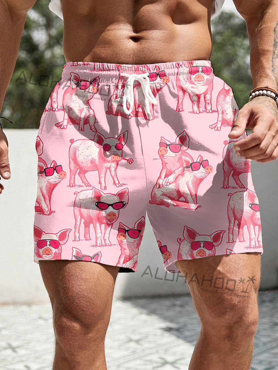 Men's Hawaiian Funky Pig Loose Beach Shorts