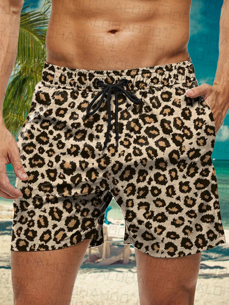 Men's Hawaiian Shorts Casual Leopard Print Vacation Beach Shorts