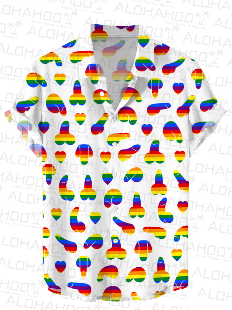 Men's Hawaiian Shirt Rainbow Cocks Print Beach Easy Care Short Sleeve Shirt