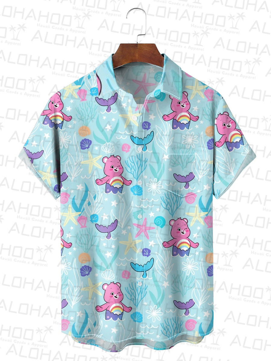 Men's Hawaiian Shirt Cartoon Bear Mermaid Print Beach Easy Care Short Sleeve Shirt