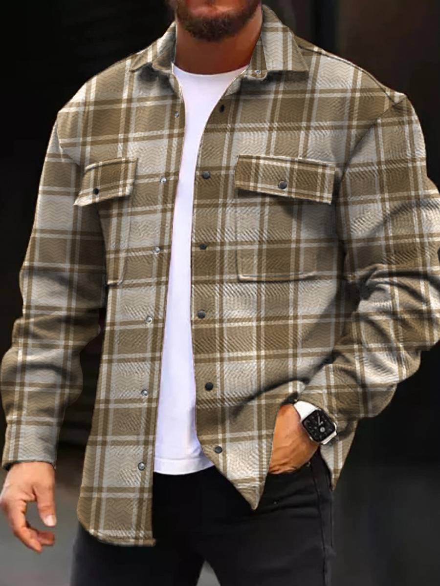 Men's Casual Jacket Vintage Plaid Pattern Long Sleeve Pockets Shirt Jacket