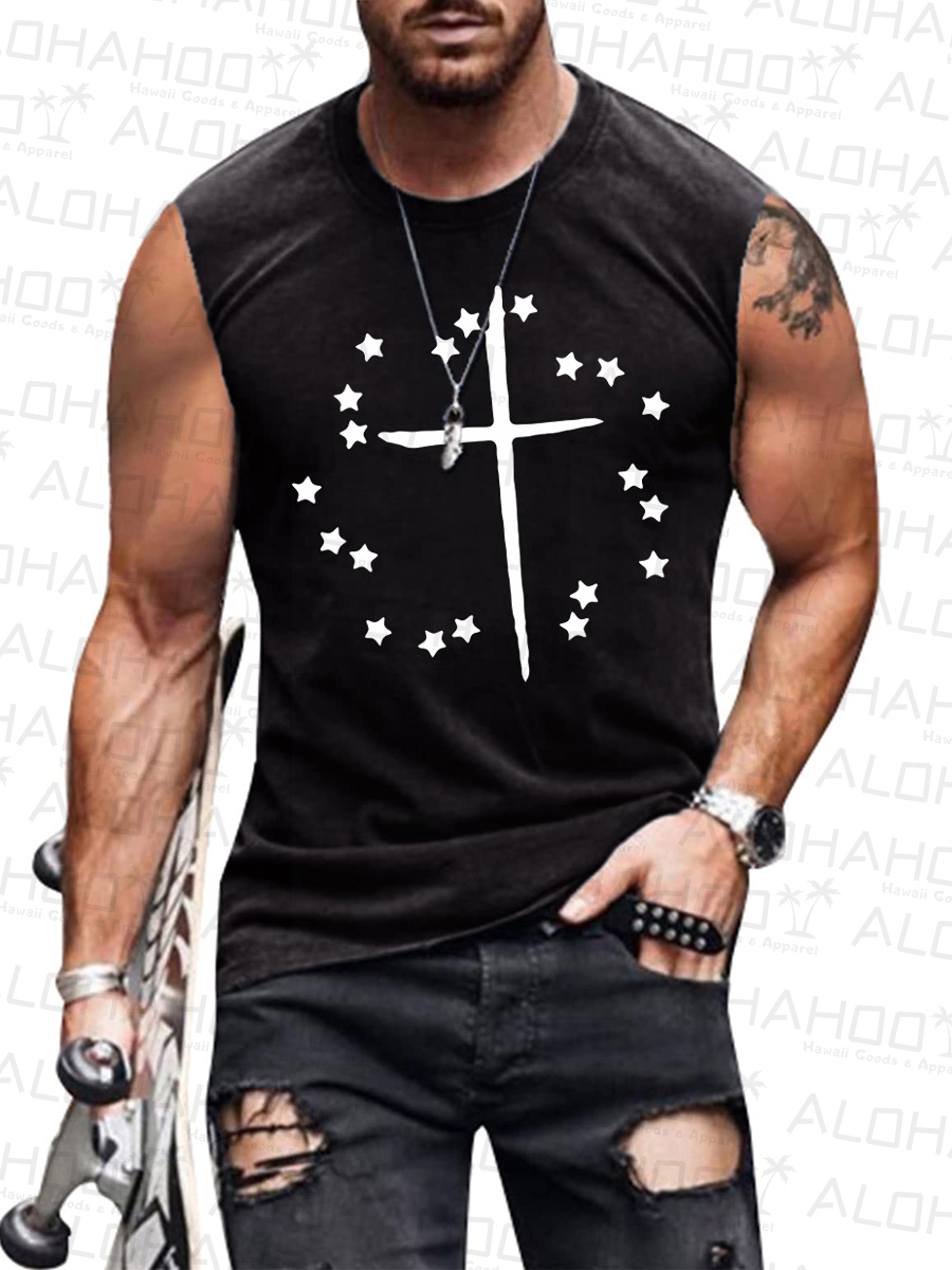 Men's Sleeveless T-shirt Cross Print Shirts Muscle Tank Top