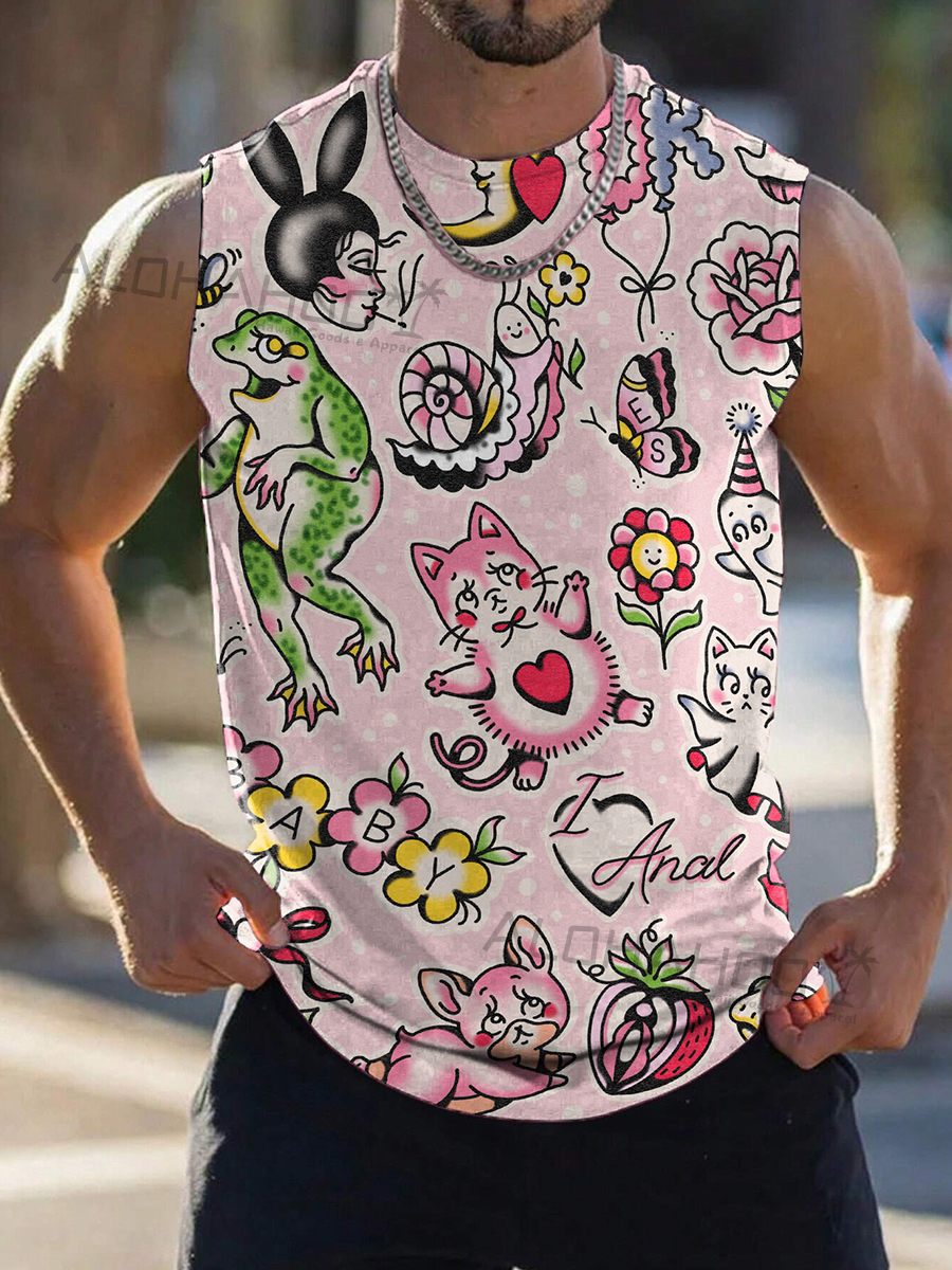 Men's Tank Top Doll Pink Style Tattoo Print Cozy Sleeveless T-Shirt