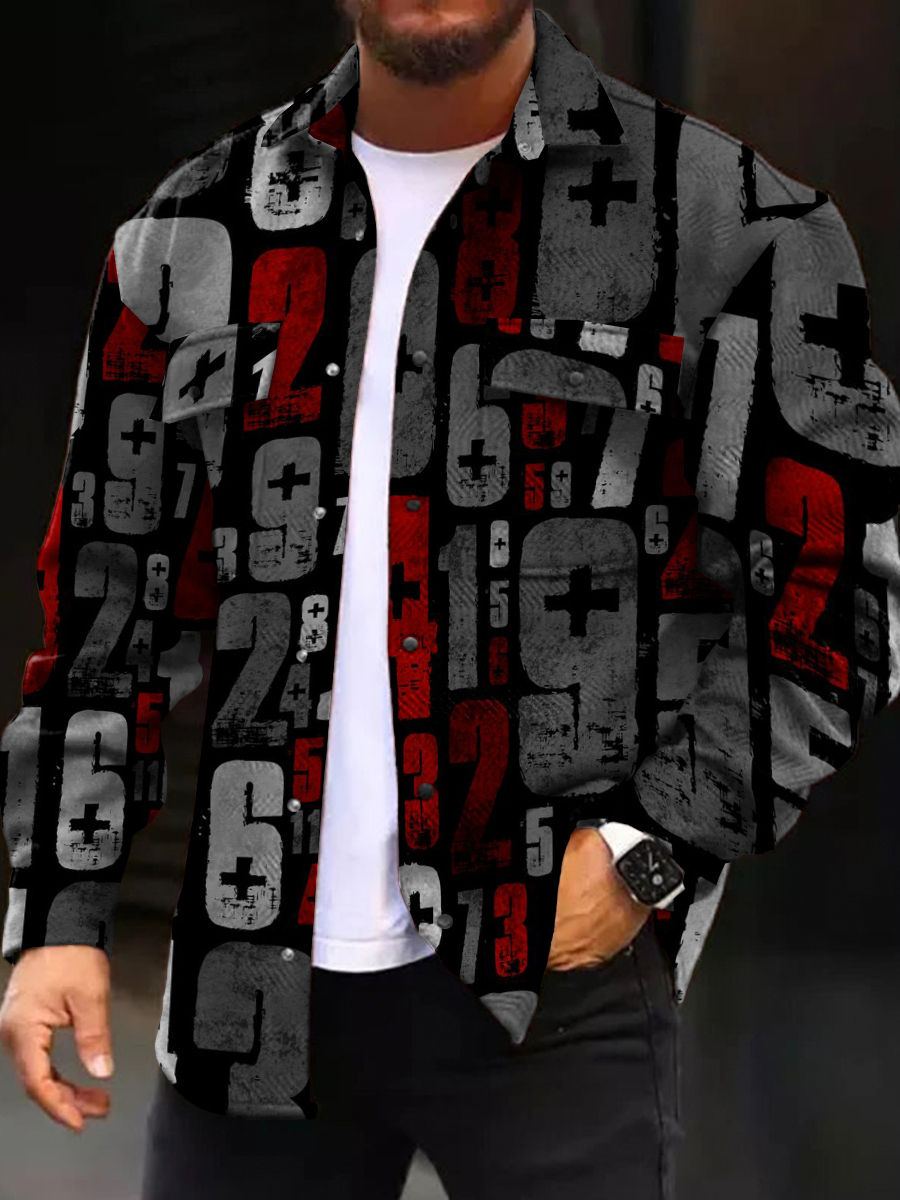 Men's Casual Jacket Retro Numbers Print Long Sleeve Pockets Shirt Jacket