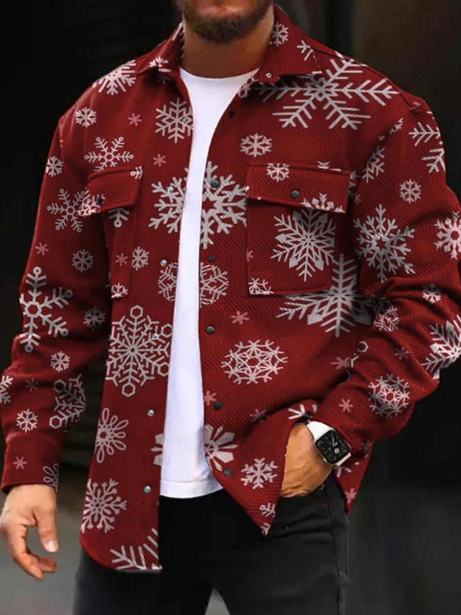 Men's Casual Jacket Snowflakes Long Sleeve Pockets Christmas Shirt Jacket