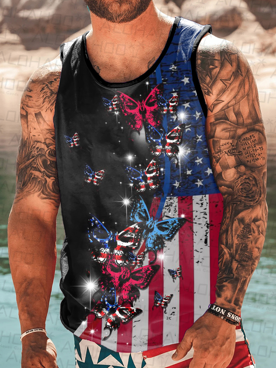 Men's T-shirt Casual American Flag Butterfly Print Tank Top