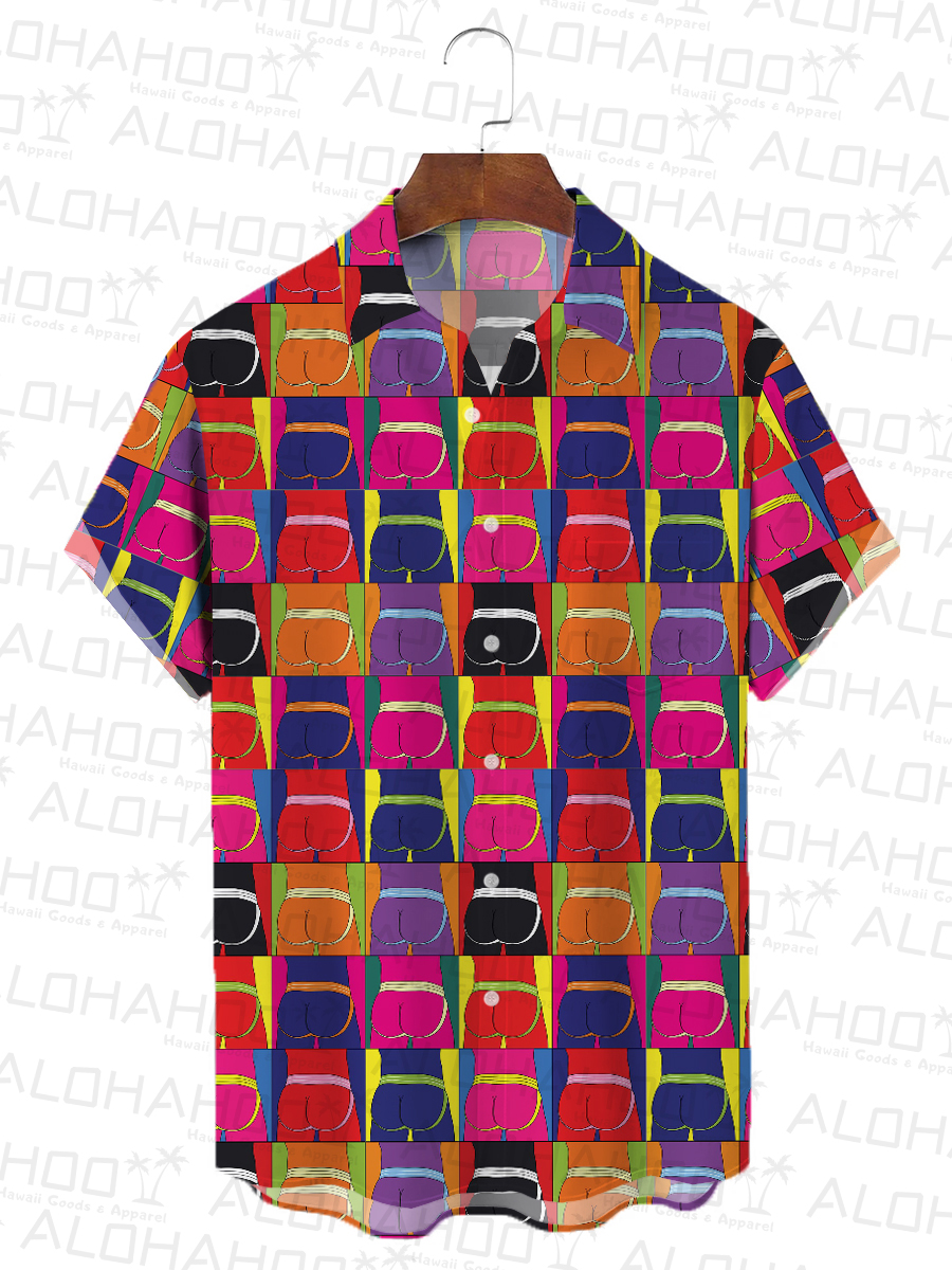 Men's Hawaiian Shirt Funny Colorblock Butts Print Button Down Shirt
