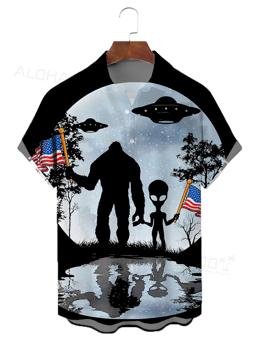 Men's Hawaiian Shirts Bigfoot With Alien Print Chest Pocket Short Sleeve Shirt