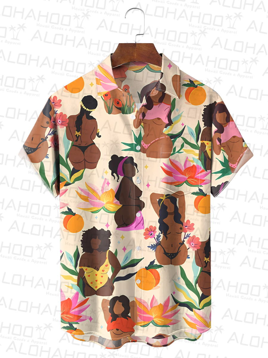 Men's Hawaiian Shirts Tropical Sexy Girls Print Stretch Aloha Camp Pocket Shirts