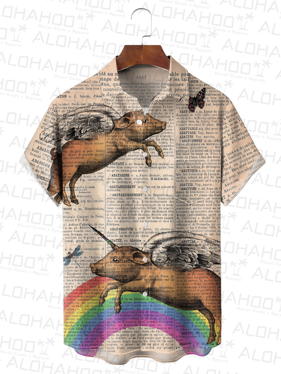 Men's Hawaiian Shirt Vintage Newspaper Rainbow Flying Pig Print Shirt