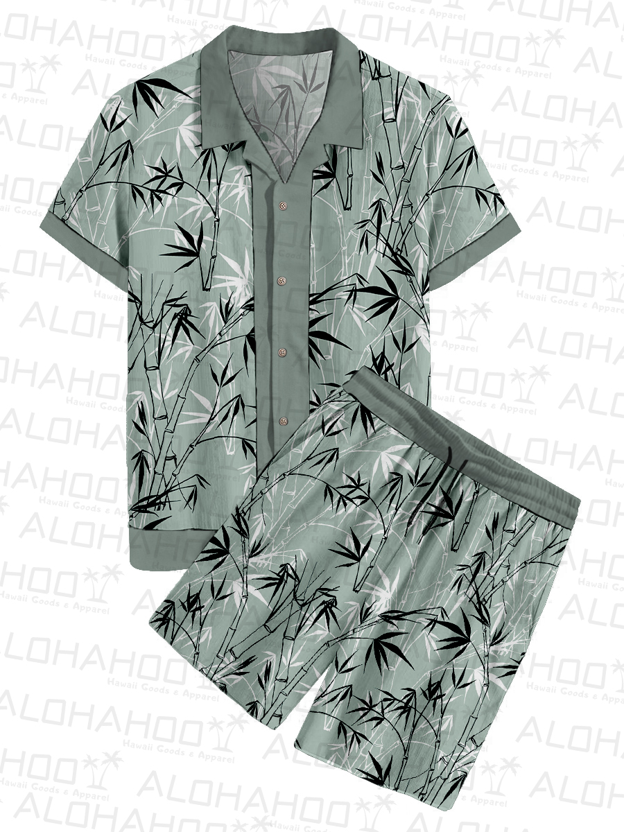 Men's Sets Hawaiian Bamboo Button Two-Piece Shirt Shorts Set