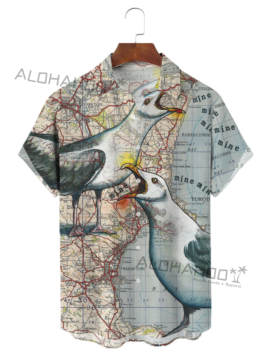 Men's Hawaiian Shirts Vintage Map Birds Pattern Loose Short-Sleeved Shirt