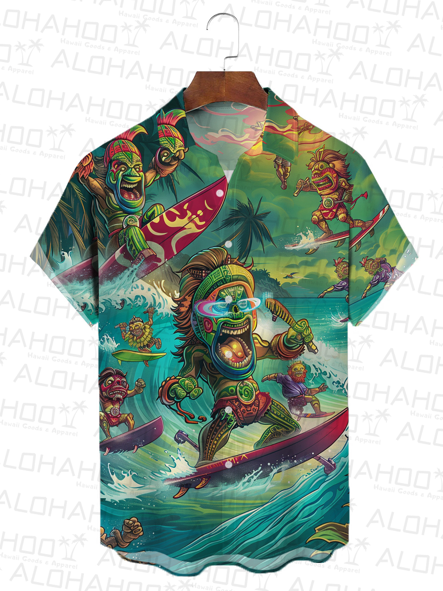 Tropical Tiki Surfing Pattern Short-Sleeved Hawaiian Shirt