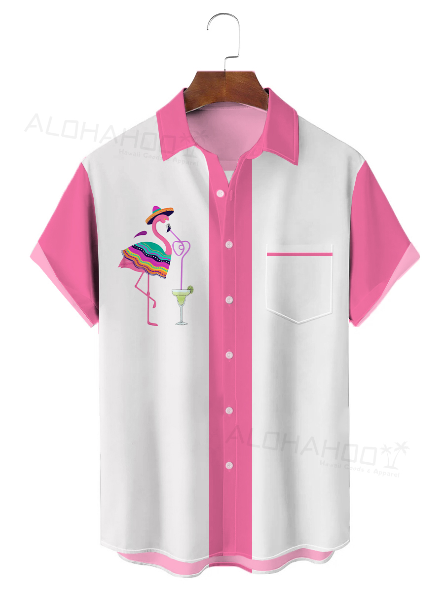 Men's Hawaiian Shirts Flamingo Drinking Cocktail Print Chest Pocket Short Sleeve Bowling Shirt