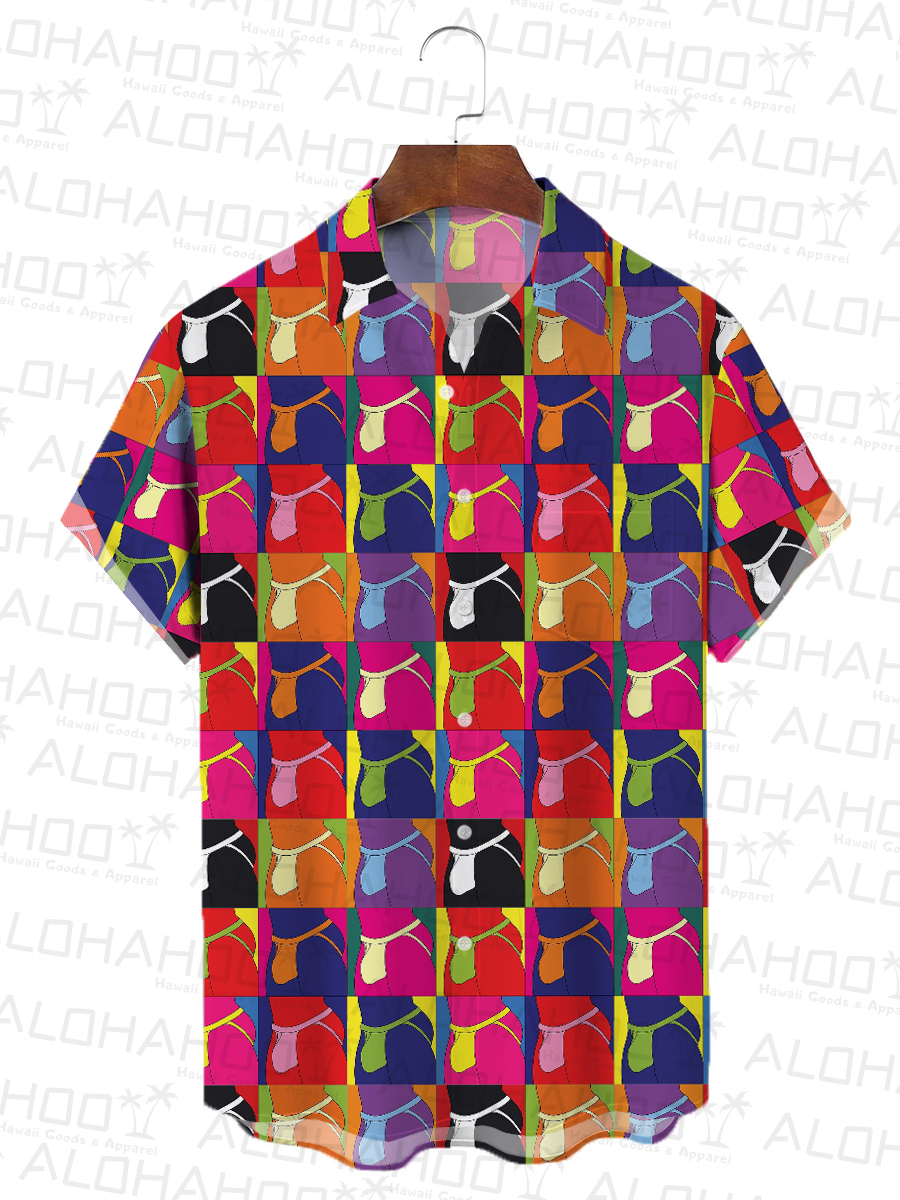 Men's Hawaiian Shirt Funny Colorblock Print Button Down Shirt