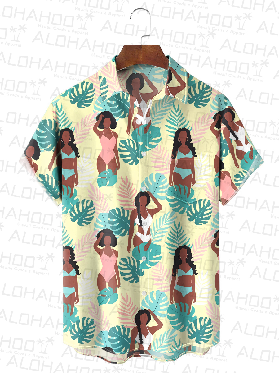 Men's Hawaiian Shirts Tropical Hula Girls Print Stretch Aloha Camp Pocket Shirts