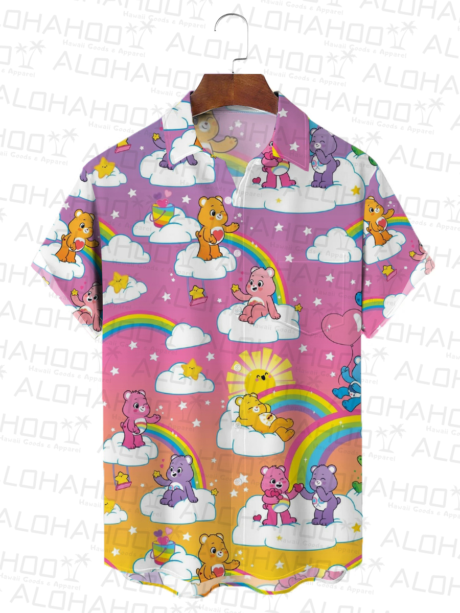 Retro Cartoon Bear Men's Hawaiian Shirt Rainbow Art Oversized Stretch Shirts