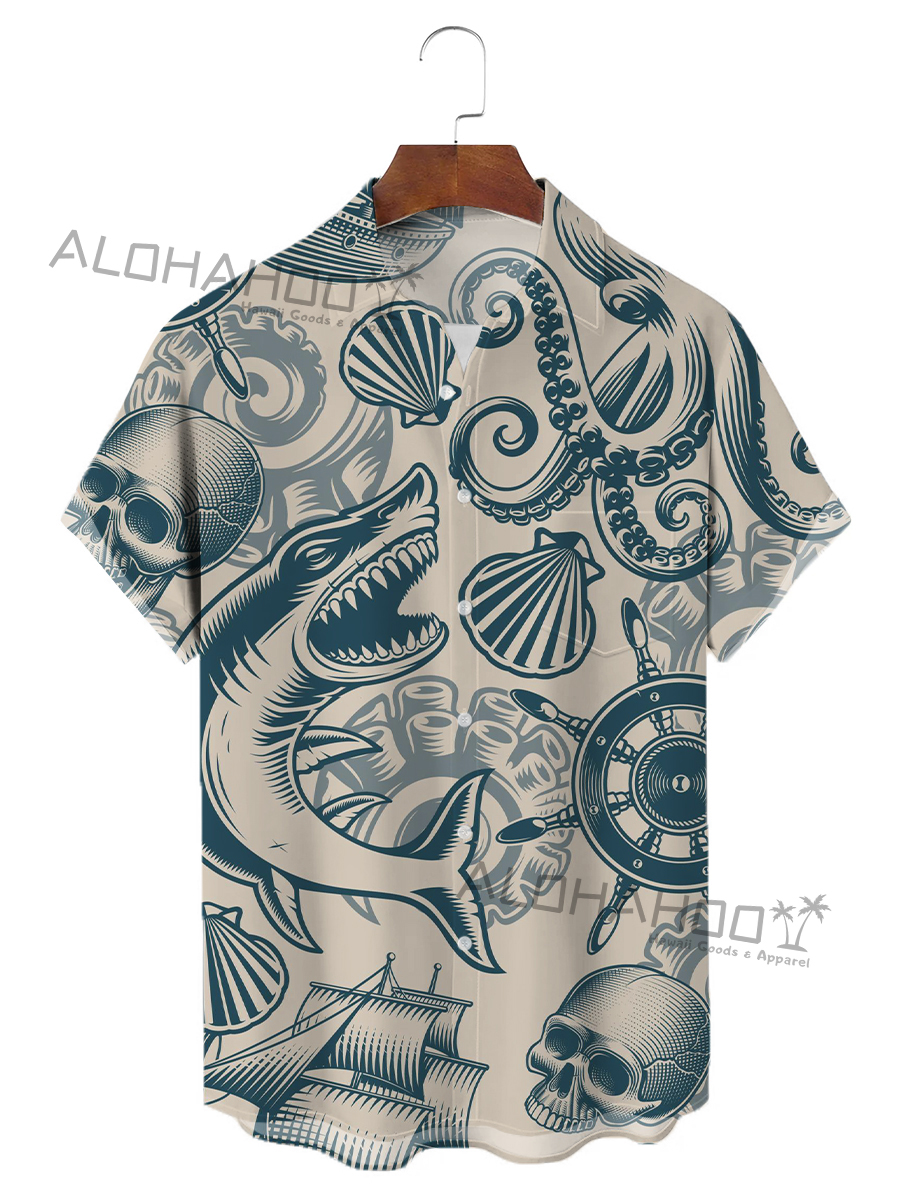 Men's Hawaiian Shirts Vintage Nautical Boat Pattern Loose Short-Sleeved Shirt