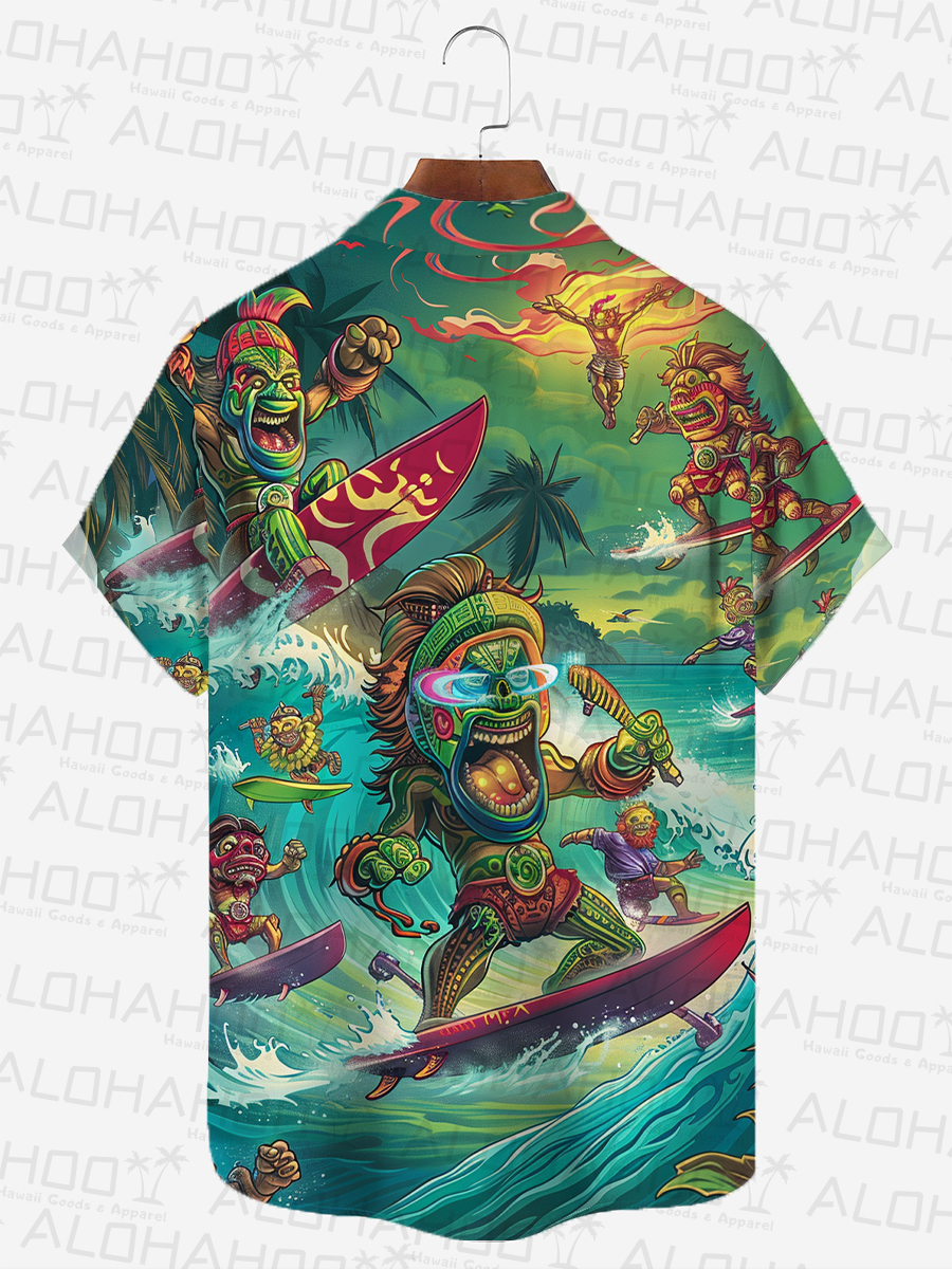 Tropical Tiki Surfing Pattern Short-Sleeved Hawaiian Shirt