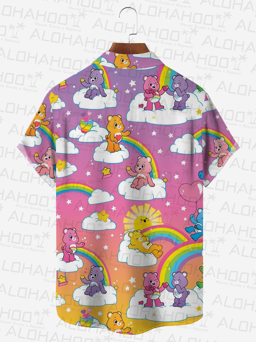 Retro Cartoon Bear Men's Hawaiian Shirt Rainbow Art Oversized Stretch Shirts