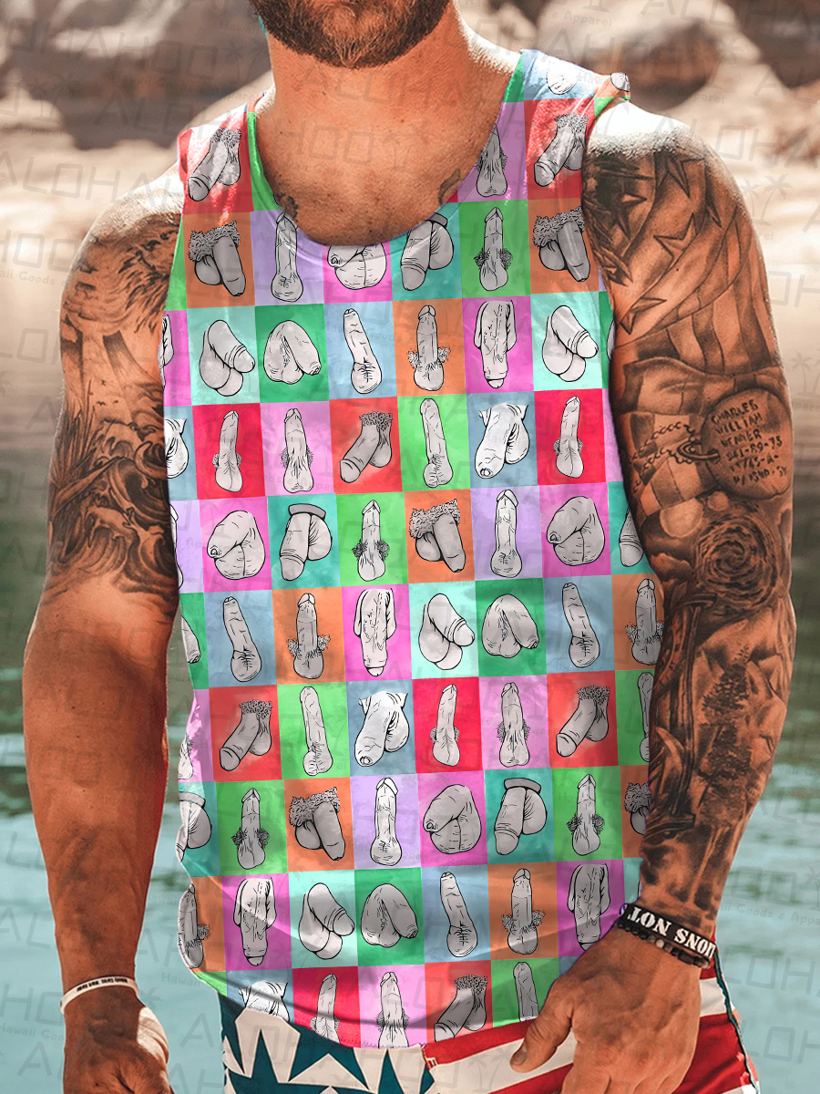 Men's Fun And Sexy Colorblock Cocks Pride Art Print Tank Top Muscle Tee