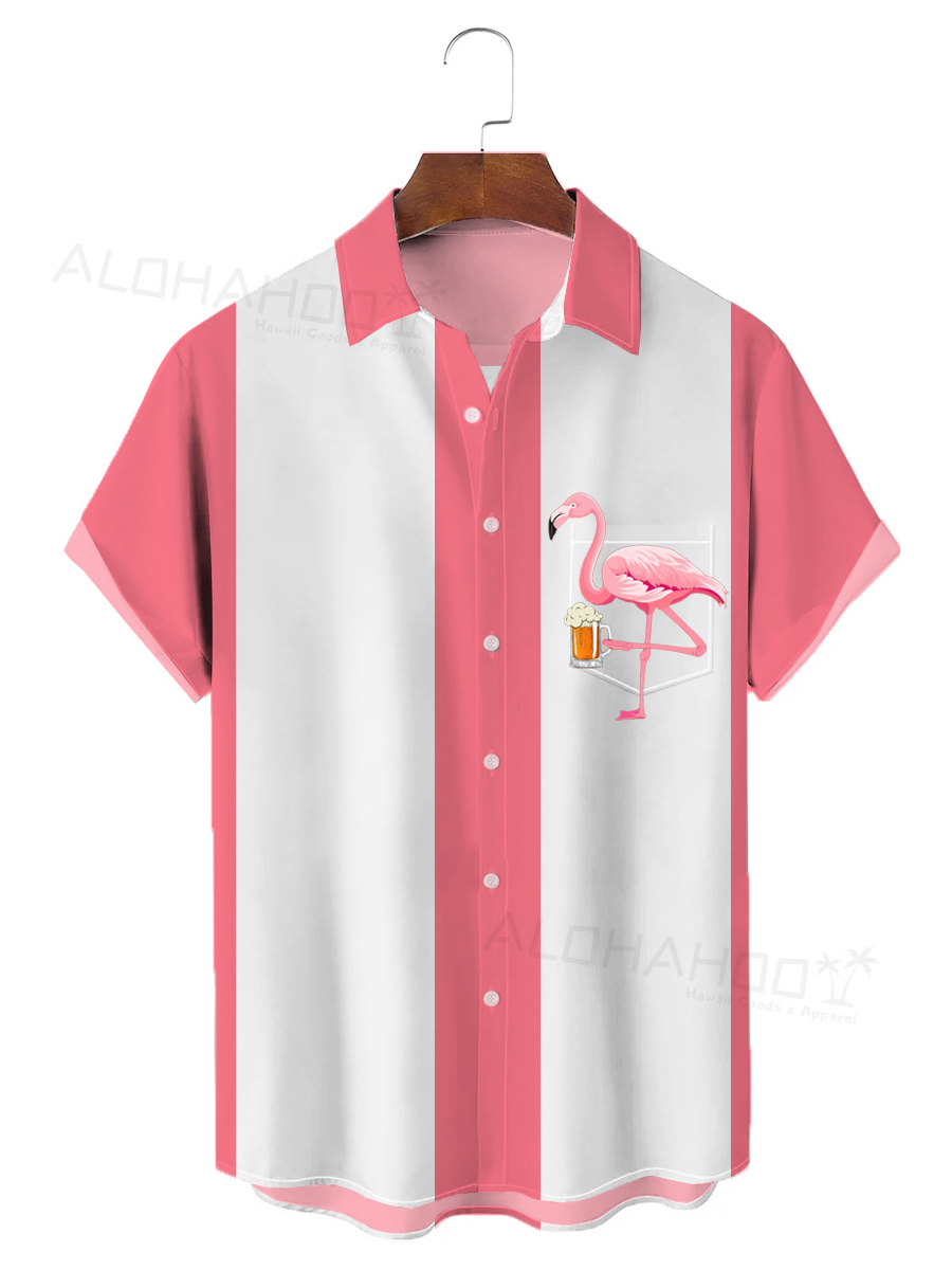 Men's Hawaiian Shirts Flamingo Drinking Beer Print Chest Pocket Short Sleeve Bowling Shirt