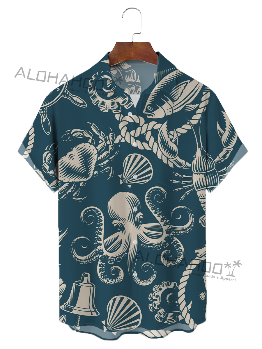 Men's Hawaiian Shirts Vintage Nautical Octopus Pattern Loose Short-Sleeved Shirt