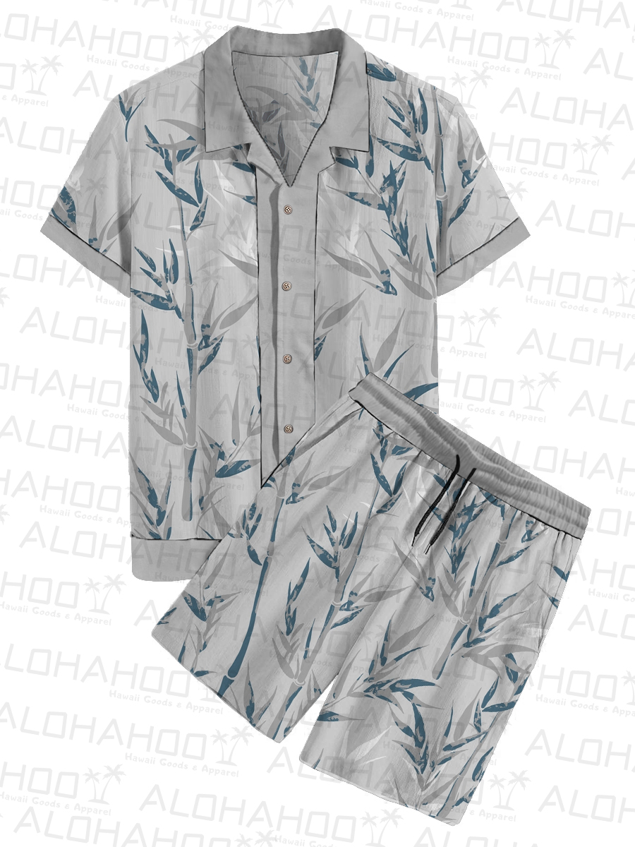 Men's Hawaiian Sets Bamboo Button Two-Piece Shirt Shorts Set