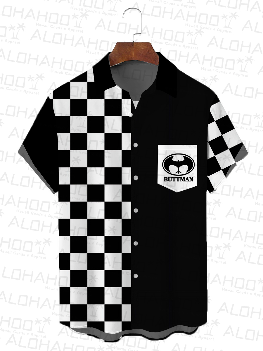 Racing Checkerboard Print Men's Button Pocket Short Sleeve Shirt