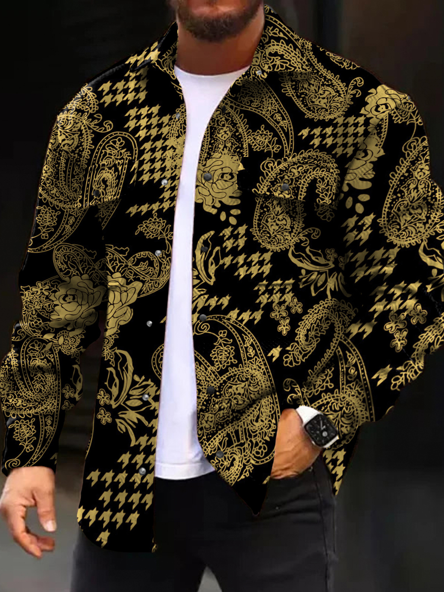 Men's Casual Jacket Houndstooth Paisley Pattern Long Sleeve Pockets Jacket