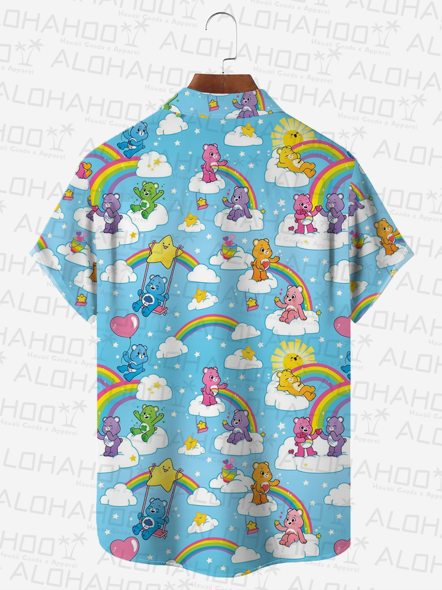Retro Cartoon Bear Men's Hawaiian Shirt Rainbow Art Oversized Stretch Shirts