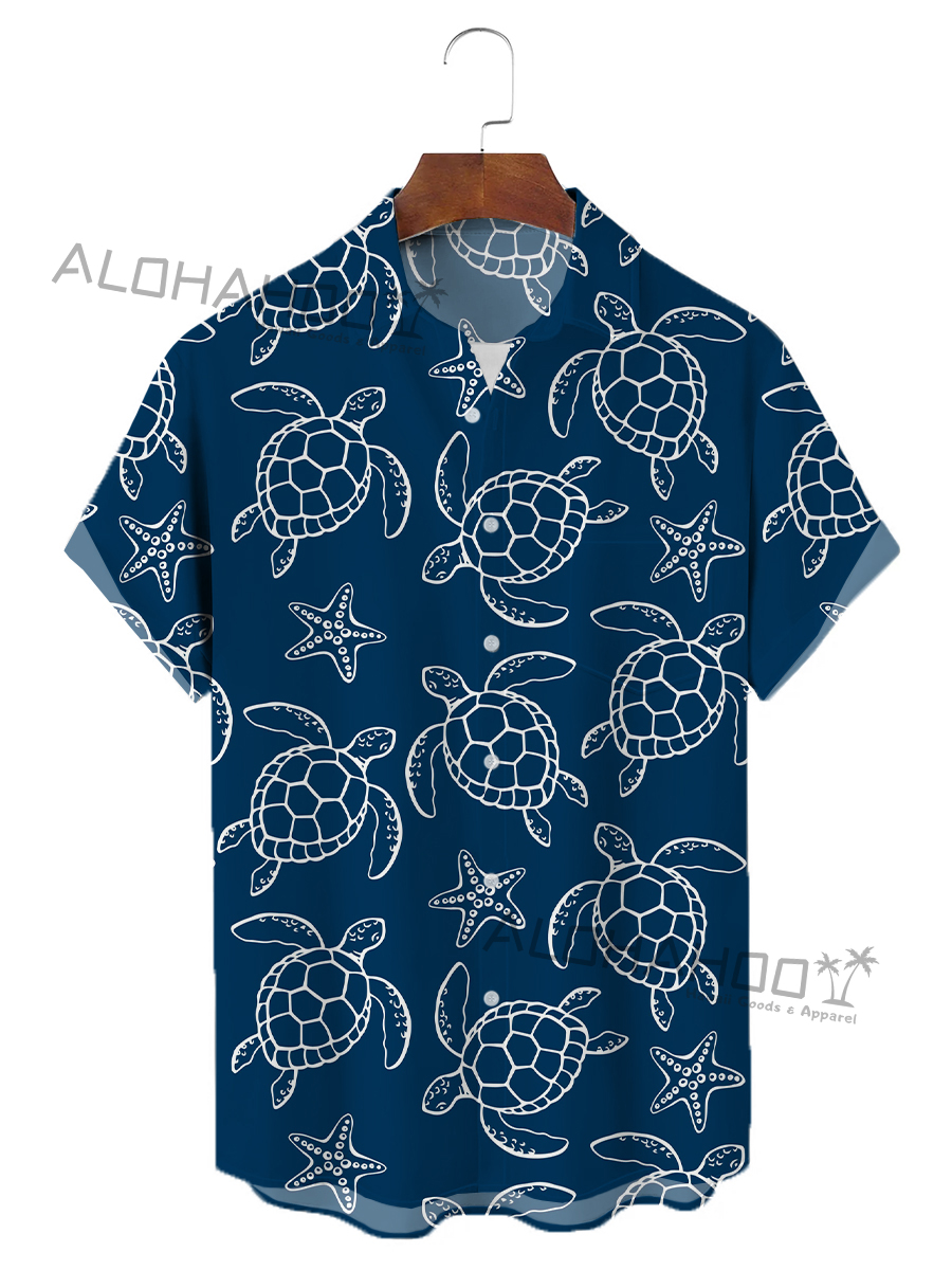 Men's Hawaiian Shirts Vintage Under Ocean Turtles Pattern Loose Short-Sleeved Shirt