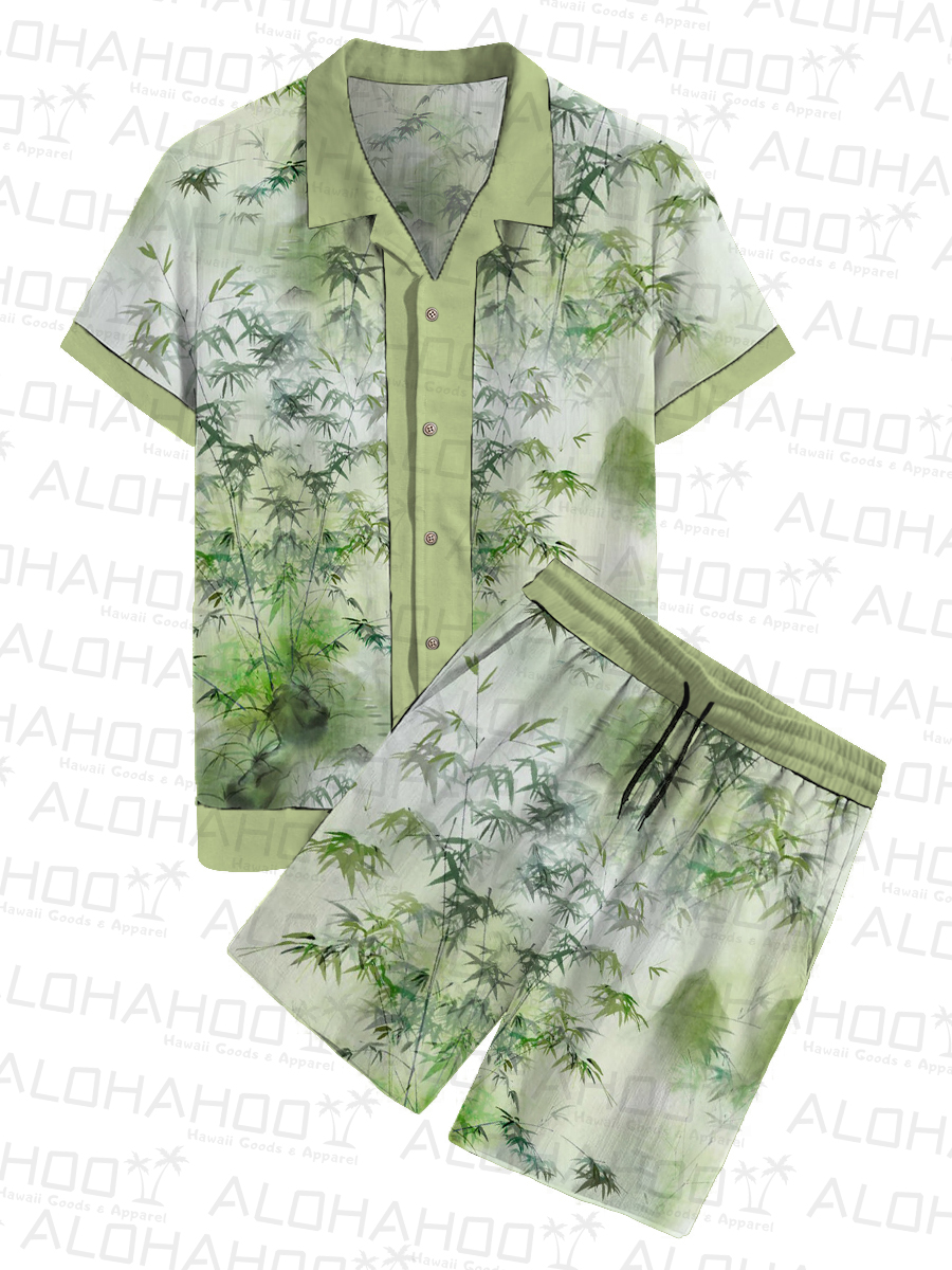 Men's Hawaiian Sets Ink Bamboo Button Two-Piece Shirt Shorts Set