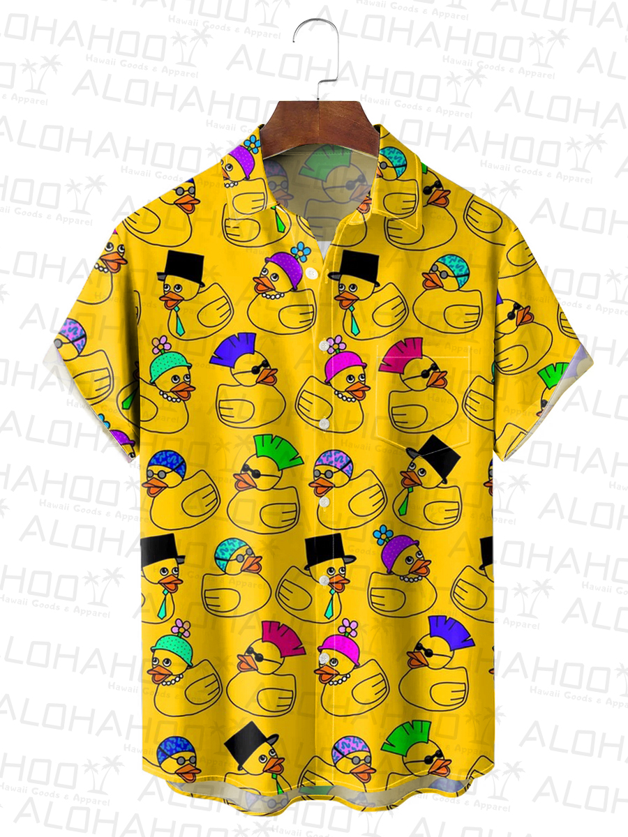 Men's Hawaiian Shirts Fun Duck Print Stretch Aloha Camp Pocket Shirts