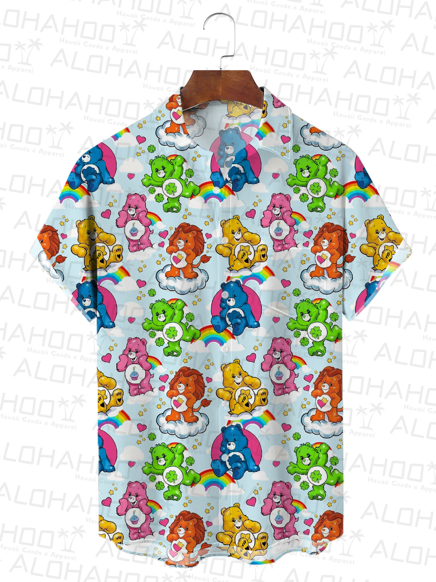 Retro Cartoon Bear Men's Hawaiian Shirt Rainbow Art Oversized Stretch Shirts