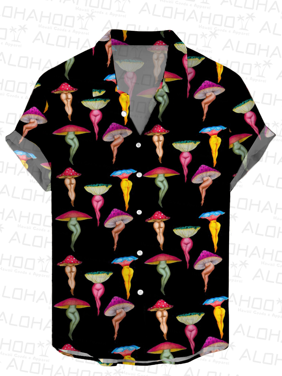 Men's Hawaiian Shirt Fun And Sexy Mushroom Print Beach Easy Care Short Sleeve Shirt