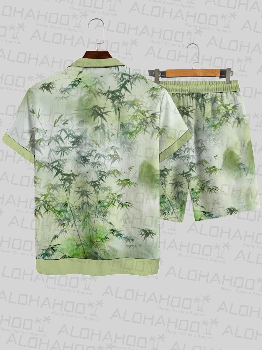 Men's Hawaiian Sets Ink Bamboo Button Two-Piece Shirt Shorts Set