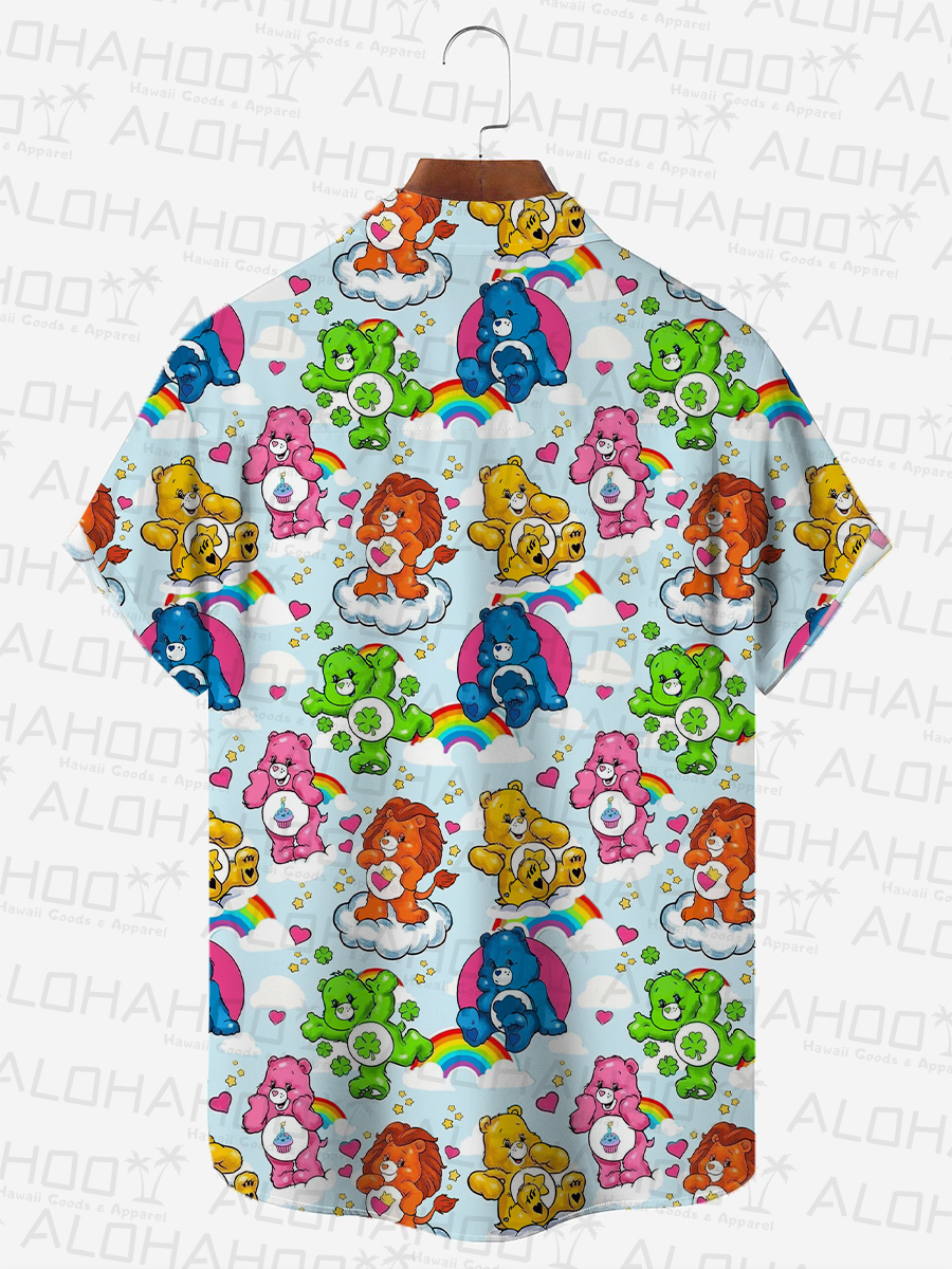 Retro Cartoon Bear Men's Hawaiian Shirt Rainbow Art Oversized Stretch Shirts